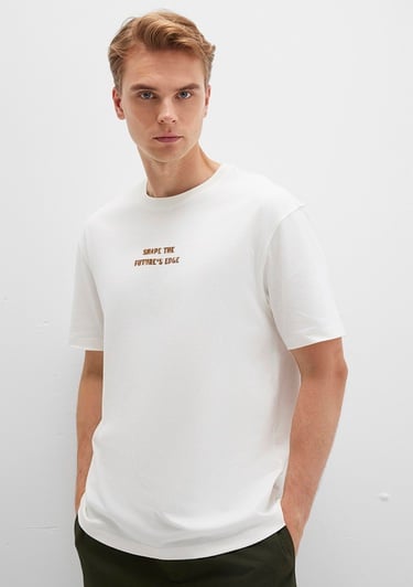  Mavi Baskılı Ekru Tişört Loose Fit / Bol Rahat Kesim 0612836-70057