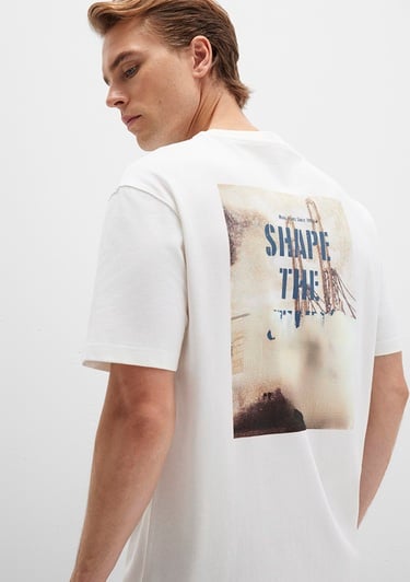  Mavi Baskılı Ekru Tişört Loose Fit / Bol Rahat Kesim 0612836-70057