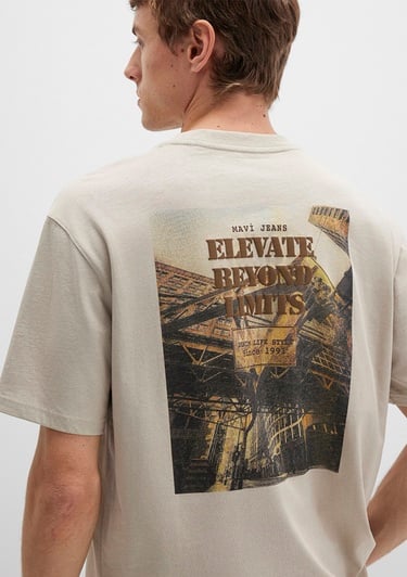  Mavi Baskılı Bej Tişört Loose Fit / Bol Rahat Kesim 0612837-70039