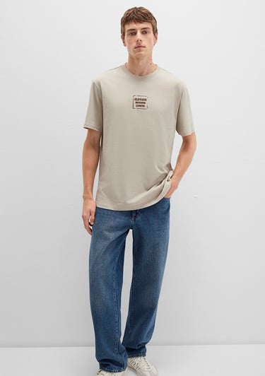  Mavi Baskılı Bej Tişört Loose Fit / Bol Rahat Kesim 0612837-70039