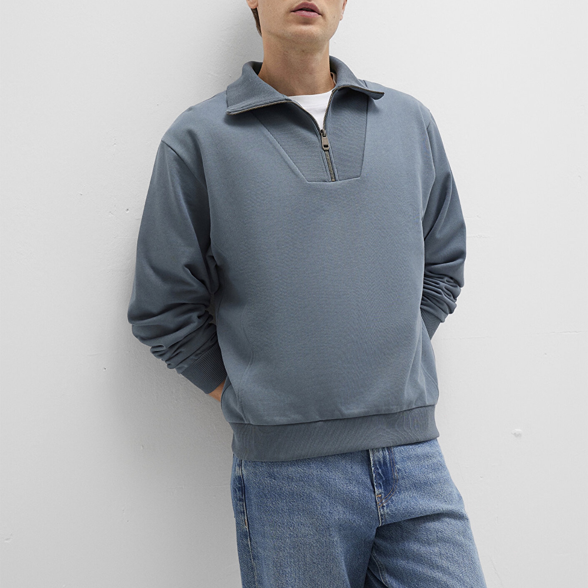 Mavi Polo Yaka Gri Sweatshirt 0S10368-80889