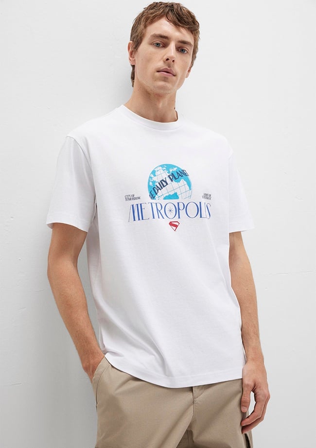  Mavi Superman Baskılı Beyaz Tişört Loose Fit / Bol Rahat Kesim 0612918-620