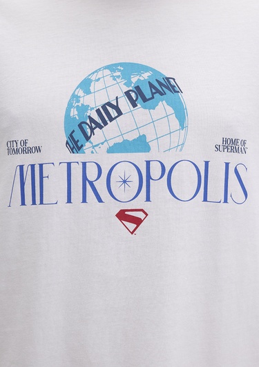  Mavi Superman Baskılı Beyaz Tişört Loose Fit / Bol Rahat Kesim 0612918-620