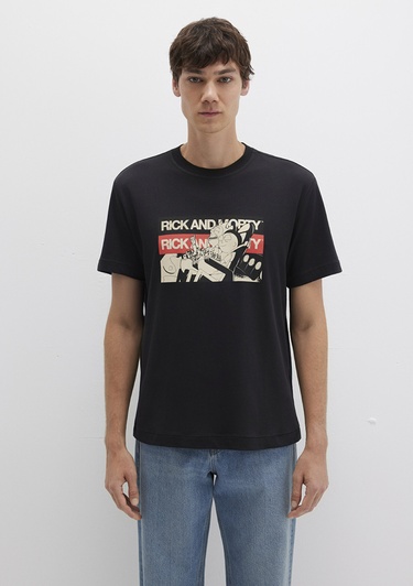  Mavi Rick And Morty Baskılı Siyah Tişört Loose Fit / Bol Rahat Kesim 0612922-900