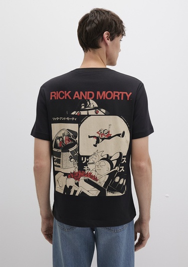  Mavi Rick And Morty Baskılı Siyah Tişört Loose Fit / Bol Rahat Kesim 0612922-900