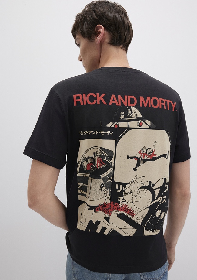 Mavi Rick And Morty Baskılı Siyah Tişört Loose Fit / Bol Rahat Kesim 0612922-900