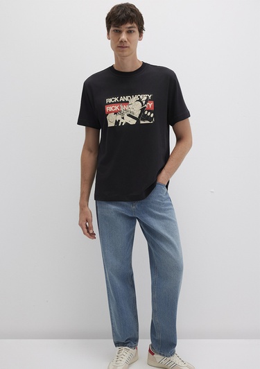  Mavi Rick And Morty Baskılı Siyah Tişört Loose Fit / Bol Rahat Kesim 0612922-900