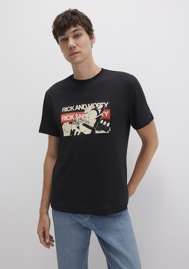  Mavi Rick And Morty Baskılı Siyah Tişört Loose Fit / Bol Rahat Kesim 0612922-900