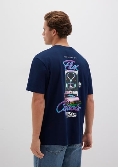 Mavi Back To The Future Baskılı Mavi Tişört Loose Fit / Bol Rahat Kesim 0612925-89353