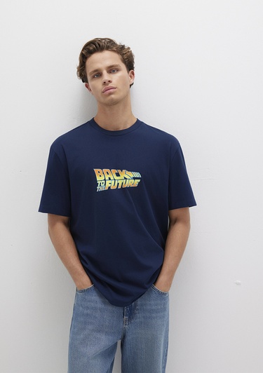  Mavi Back To The Future Baskılı Mavi Tişört Loose Fit / Bol Rahat Kesim 0612925-89353