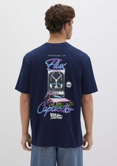  Mavi Back To The Future Baskılı Mavi Tişört Loose Fit / Bol Rahat Kesim 0612925-89353