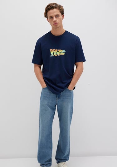  Mavi Back To The Future Baskılı Mavi Tişört Loose Fit / Bol Rahat Kesim 0612925-89353