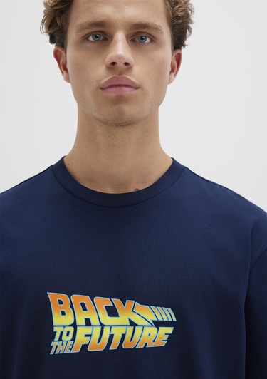 Mavi Back To The Future Baskılı Mavi Tişört Loose Fit / Bol Rahat Kesim 0612925-89353