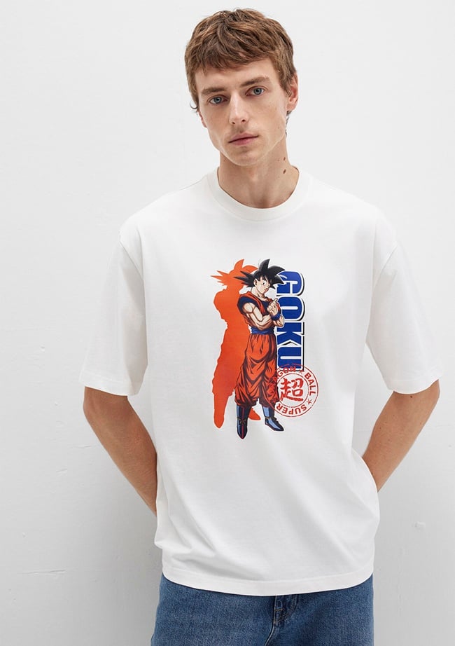  Mavi Dragon Ball Baskılı Beyaz Tişört Relaxed Fit / Rahat Kesim 0612927-70057