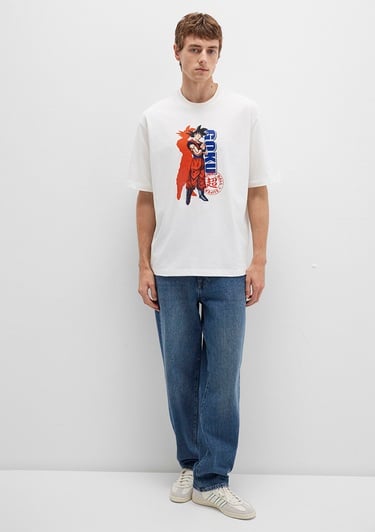  Mavi Dragon Ball Baskılı Beyaz Tişört Relaxed Fit / Rahat Kesim 0612927-70057