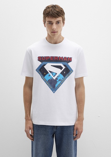  Mavi Superman Baskılı Beyaz Tişört Loose Fit / Bol Rahat Kesim 0612917-620