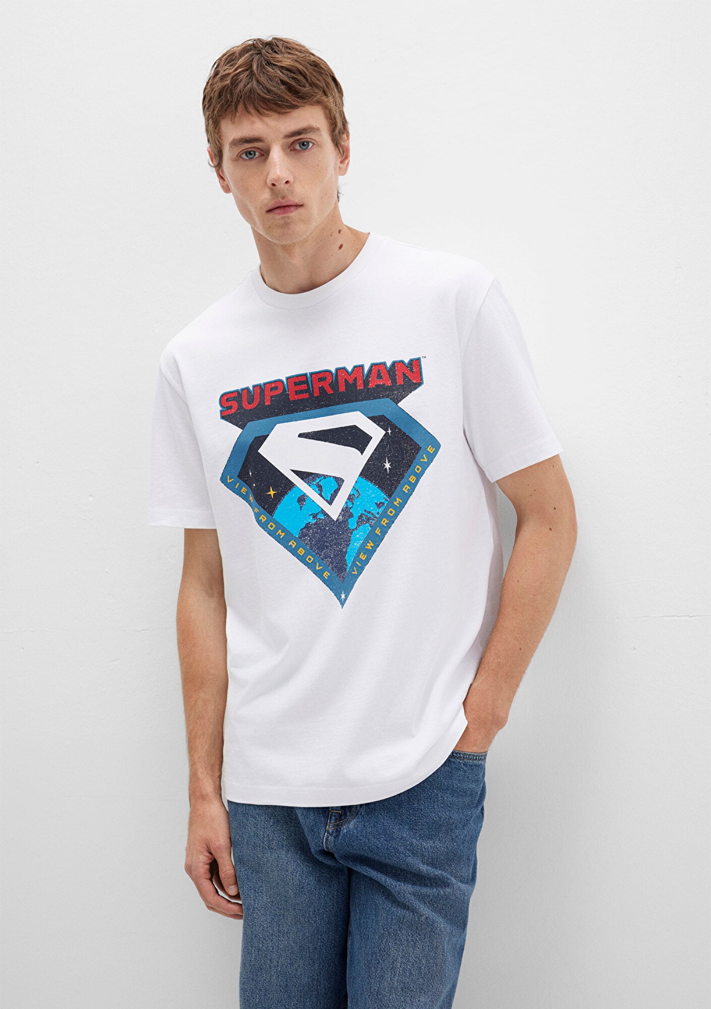  Mavi Superman Baskılı Beyaz Tişört Loose Fit / Bol Rahat Kesim 0612917-620