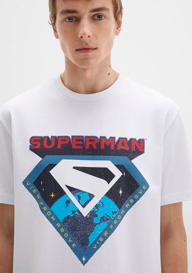  Mavi Superman Baskılı Beyaz Tişört Loose Fit / Bol Rahat Kesim 0612917-620