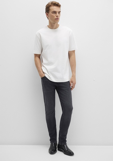  Mavi Bisiklet Yaka Ekru Basic Tişört Loose Fit / Bol Rahat Kesim 0612864-70057