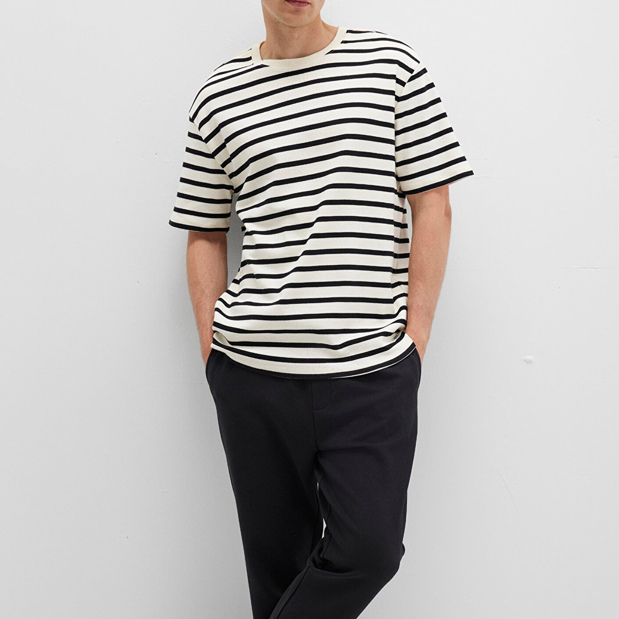 Mavi Siyah Çizgili Tişört Loose Fit / Bol Rahat Kesim 0612860-900