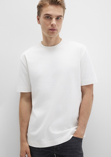  Mavi Bisiklet Yaka Ekru Basic Tişört Loose Fit / Bol Rahat Kesim 0612864-70057