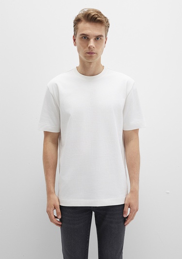  Mavi Bisiklet Yaka Ekru Basic Tişört Loose Fit / Bol Rahat Kesim 0612864-70057