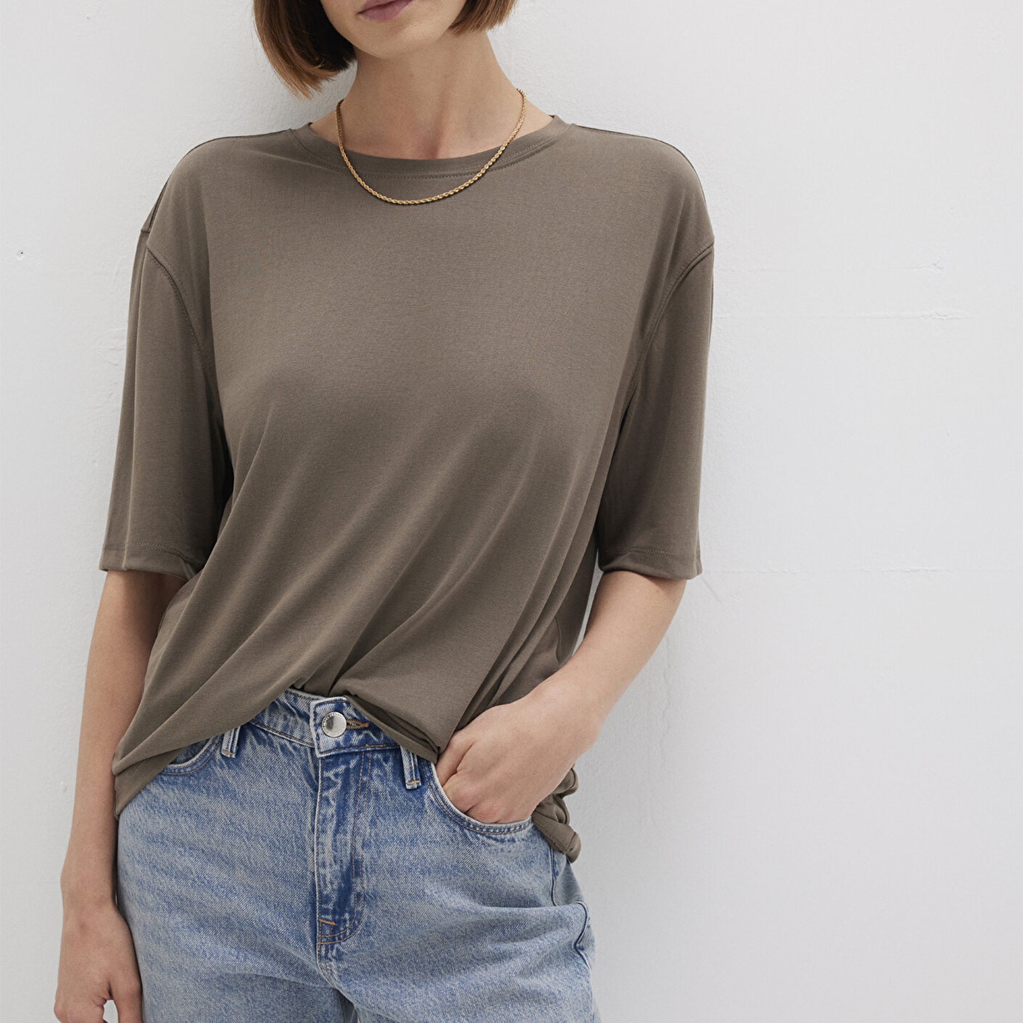 Mavi Kahverengi TENCEL TM Modal Basic Tişört Regular Fit / Normal Kesim 1611897-83866