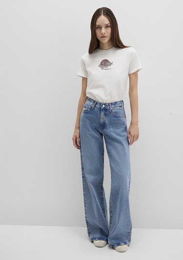  Mavi Kedi Baskılı Beyaz Tişört Semi Slim Fit / Yarı Dar Kesim 1613422-70057