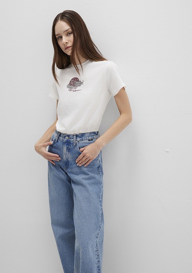  Mavi Kedi Baskılı Beyaz Tişört Semi Slim Fit / Yarı Dar Kesim 1613422-70057