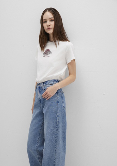  Mavi Kedi Baskılı Beyaz Tişört Semi Slim Fit / Yarı Dar Kesim 1613422-70057