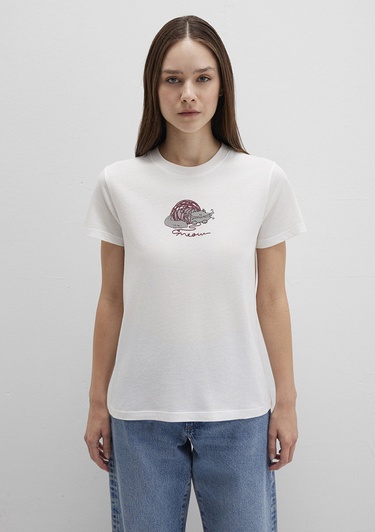  Mavi Kedi Baskılı Beyaz Tişört Semi Slim Fit / Yarı Dar Kesim 1613422-70057