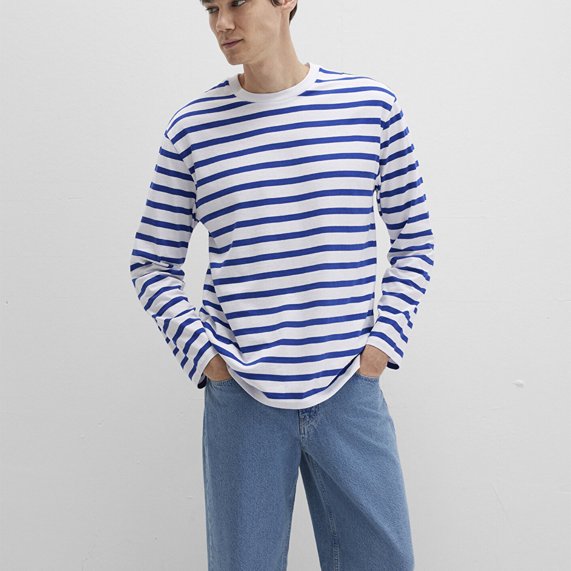 Mavi Çizgili Tişört Loose Fit / Bol Rahat Kesim 0612857-70907