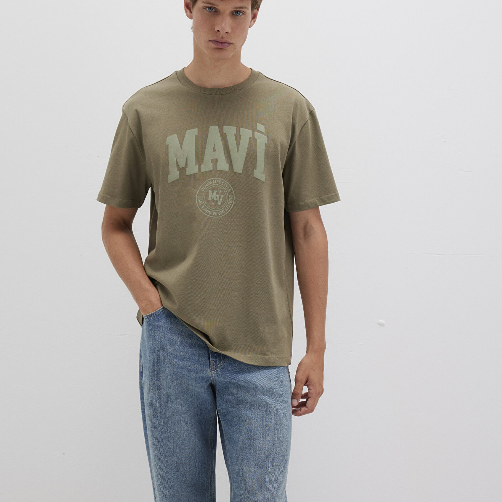 Mavi Mavi Baskılı Haki Tişört Loose Fit / Bol Rahat Kesim 0612897-71816