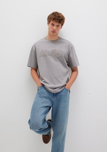  Mavi Baskılı Gri Tişört Loose Fit / Bol Rahat Kesim 0612915-70076