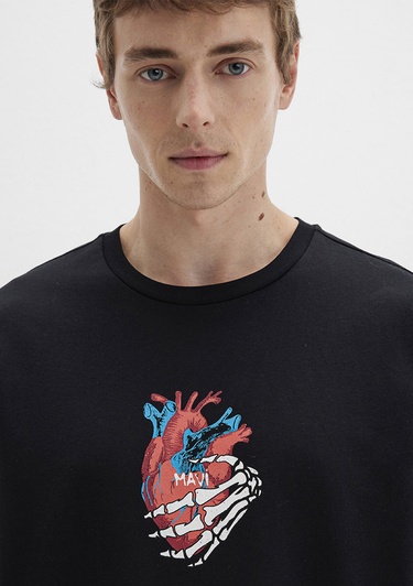  Mavi Sırt Baskılı Siyah Tişört Loose Fit / Bol Rahat Kesim 0612931-900