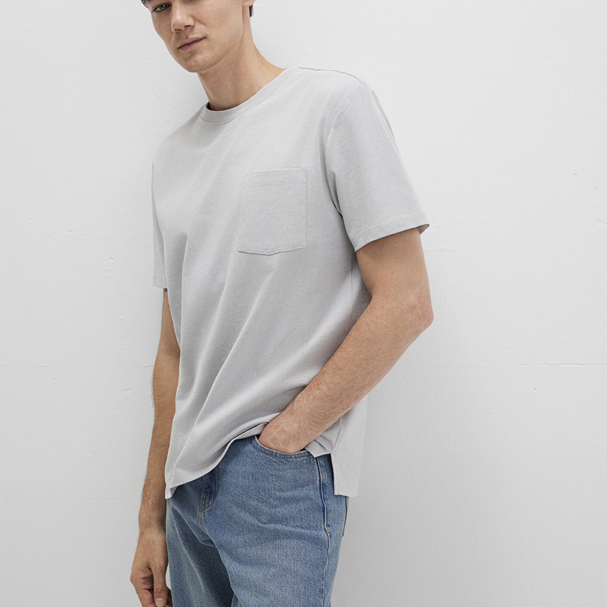 Mavi Cep Detaylı Gri Tişört Loose Fit / Bol Rahat Kesim 066248-70075