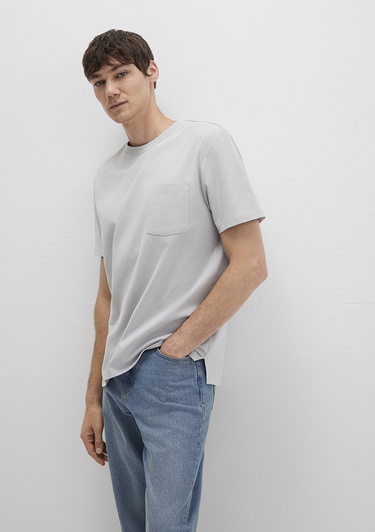  Mavi Cep Detaylı Gri Tişört Loose Fit / Bol Rahat Kesim 066248-70075