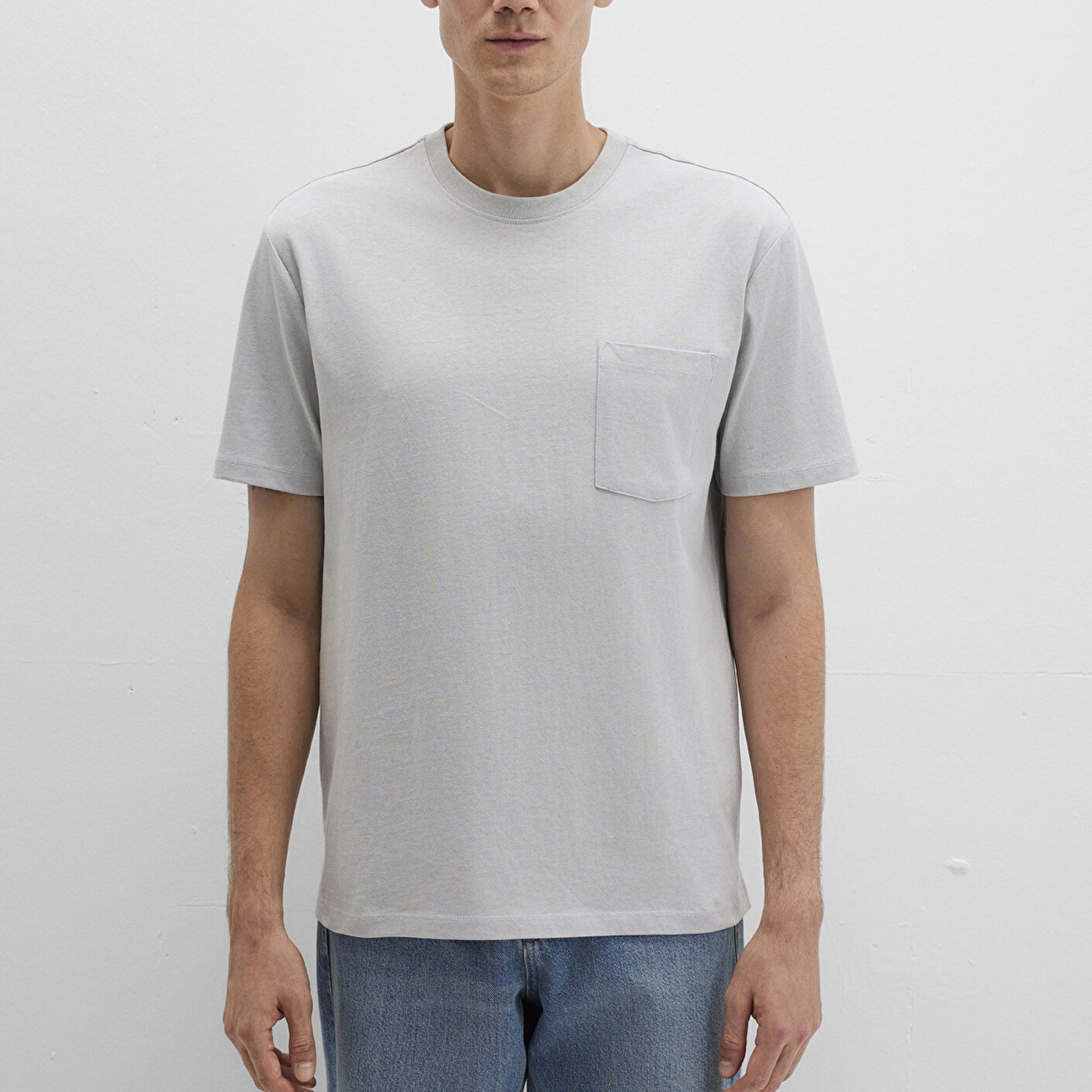 Mavi Cep Detaylı Gri Tişört Loose Fit / Bol Rahat Kesim 066248-70075