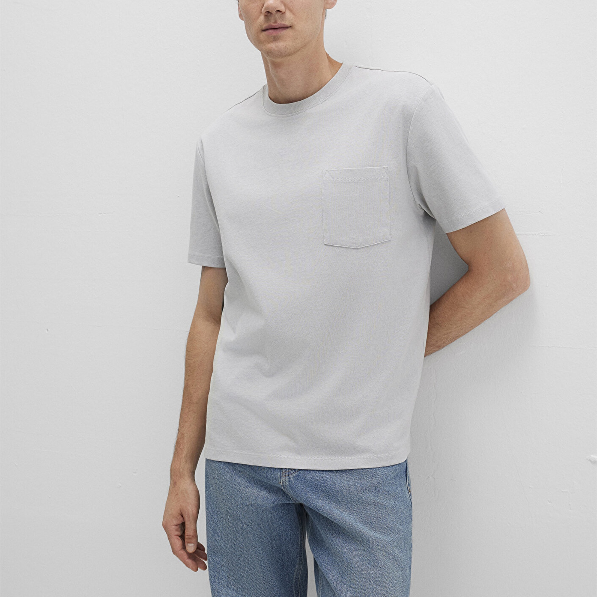 Mavi Cep Detaylı Gri Tişört Loose Fit / Bol Rahat Kesim 066248-70075