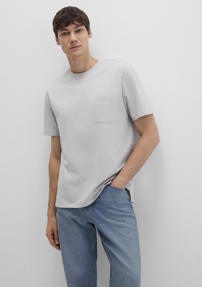  Mavi Cep Detaylı Gri Tişört Loose Fit / Bol Rahat Kesim 066248-70075