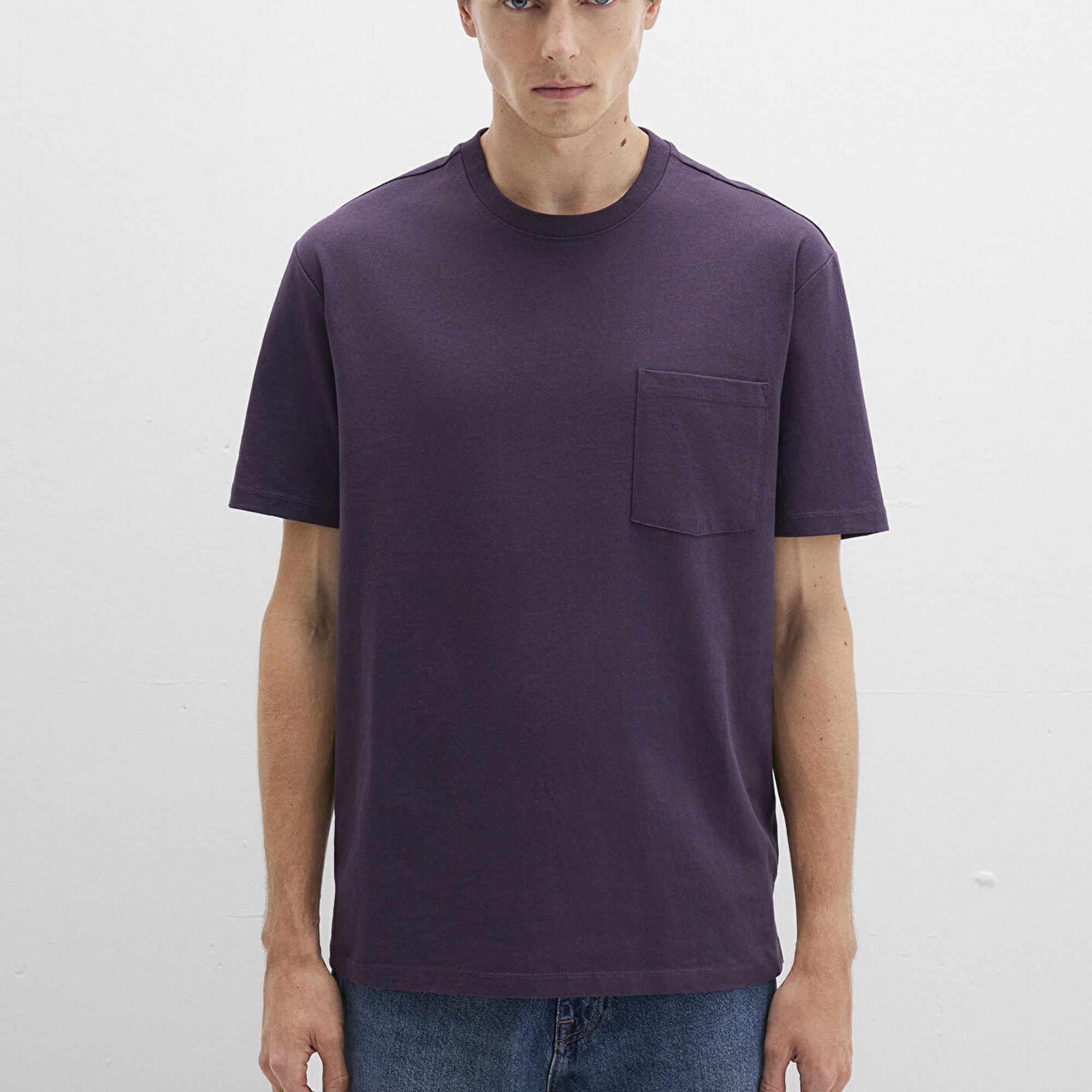 Mavi Cep Detaylı Mor Tişört Loose Fit / Bol Rahat Kesim 066248-70688