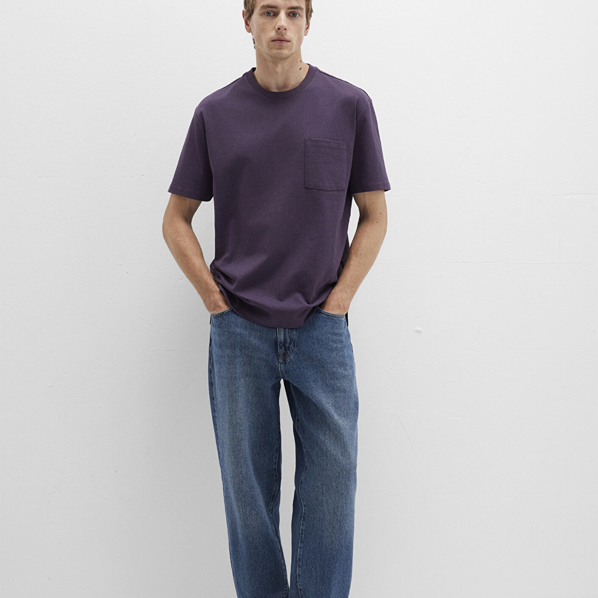 Mavi Cep Detaylı Mor Tişört Loose Fit / Bol Rahat Kesim 066248-70688