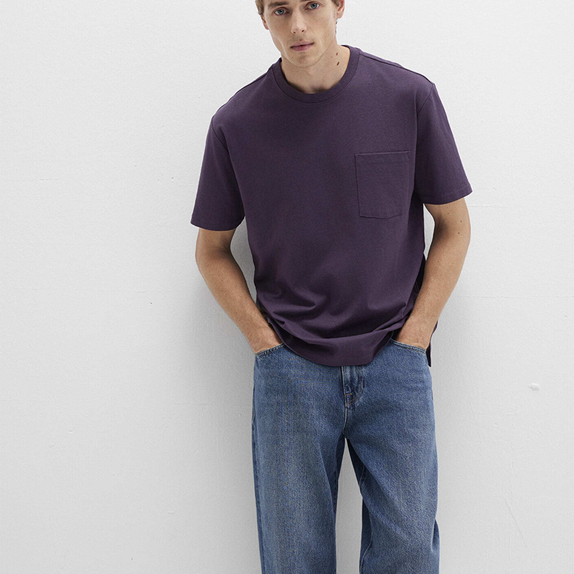 Mavi Cep Detaylı Mor Tişört Loose Fit / Bol Rahat Kesim 066248-70688