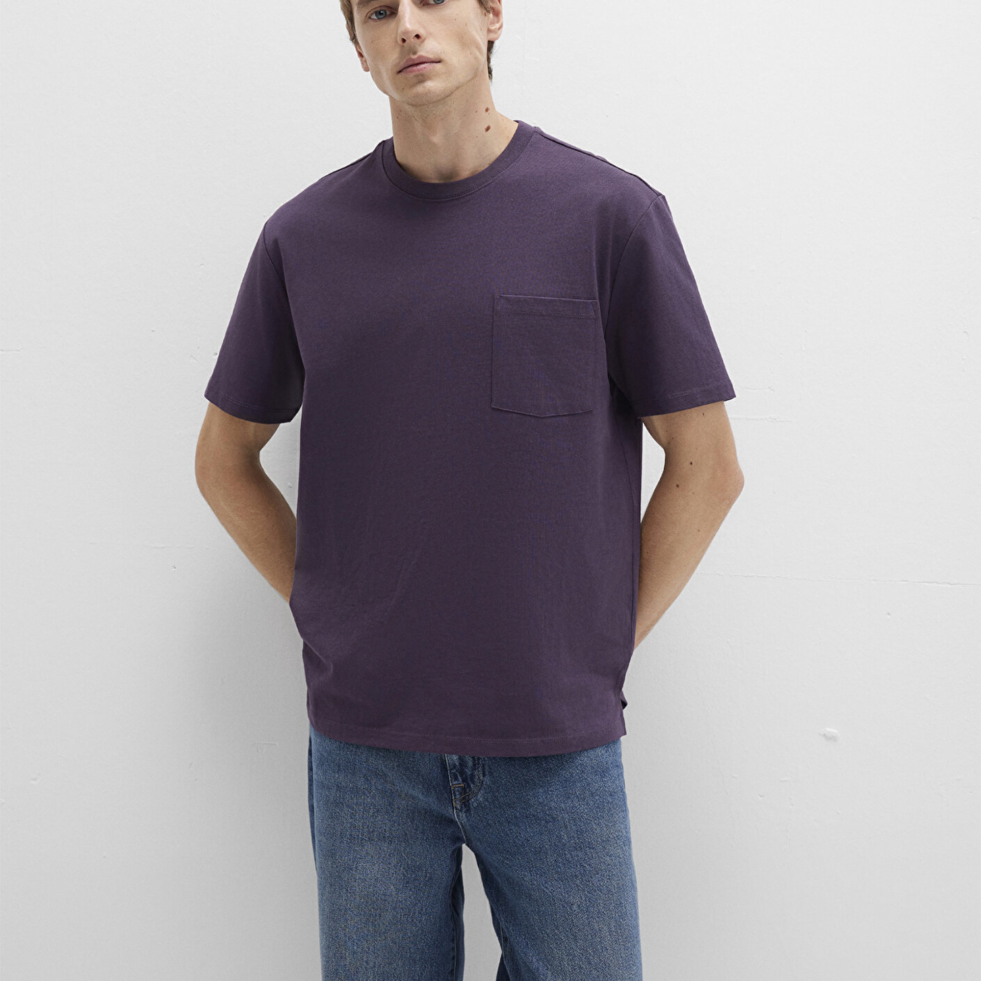 Mavi Cep Detaylı Mor Tişört Loose Fit / Bol Rahat Kesim 066248-70688