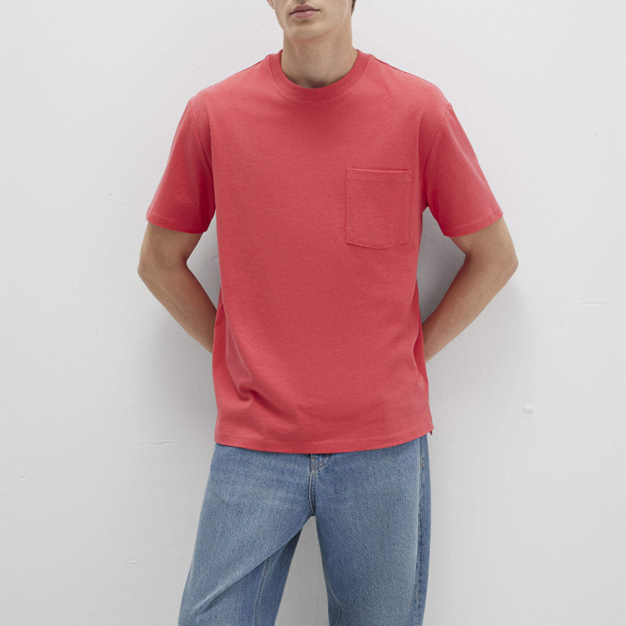 Mavi Cep Detaylı Pembe Tişört Loose Fit / Bol Rahat Kesim 066248-71079