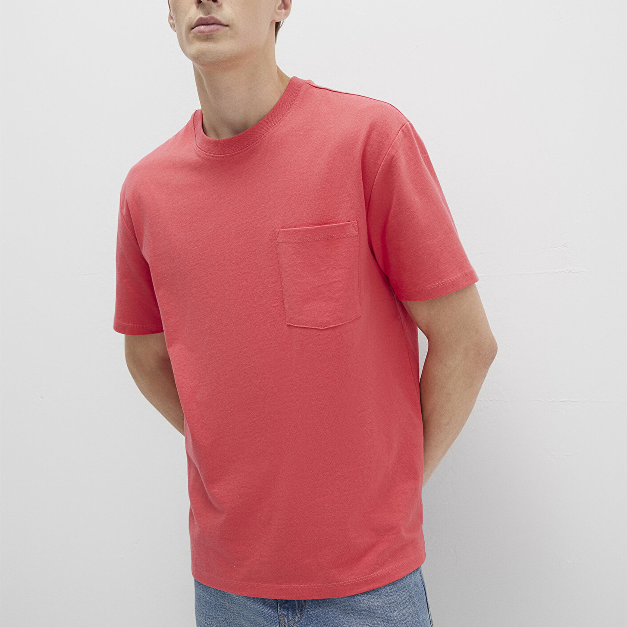 Mavi Cep Detaylı Pembe Tişört Loose Fit / Bol Rahat Kesim 066248-71079