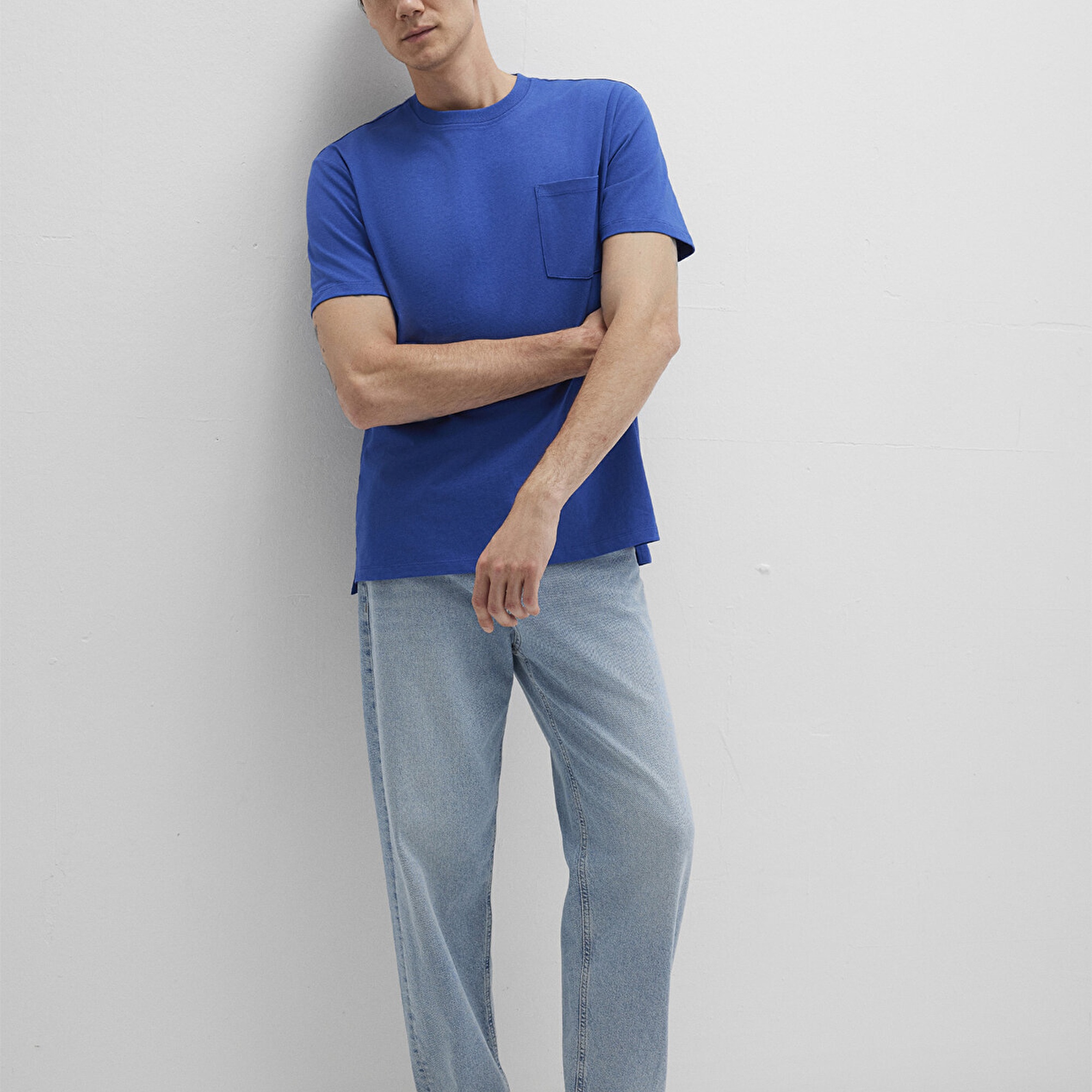 Mavi Cep Detaylı Mavi Tişört Loose Fit / Bol Rahat Kesim 066248-70907