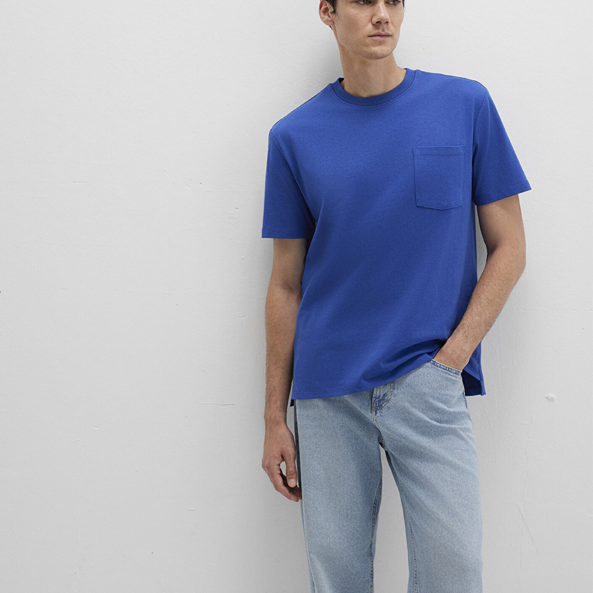 Mavi Cep Detaylı Mavi Tişört Loose Fit / Bol Rahat Kesim 066248-70907