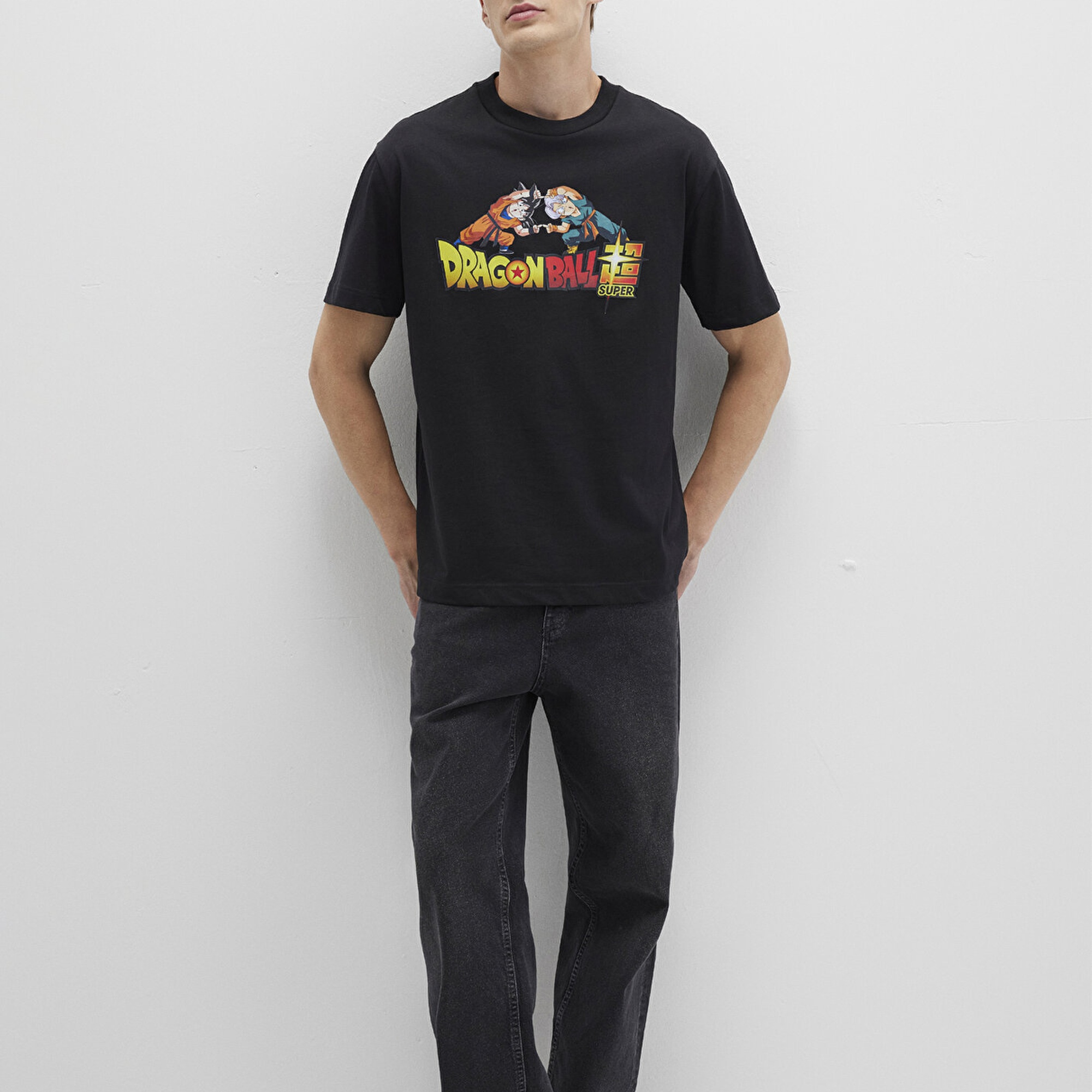 Mavi Dragon Ball Baskılı Siyah Tişört Loose Fit / Bol Rahat Kesim 0612932-900