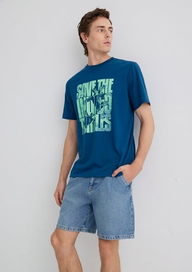  Mavi İndigo Turtles Baskılı Mavi Tişört Regular Fit / Normal Kesim 0612994-89110